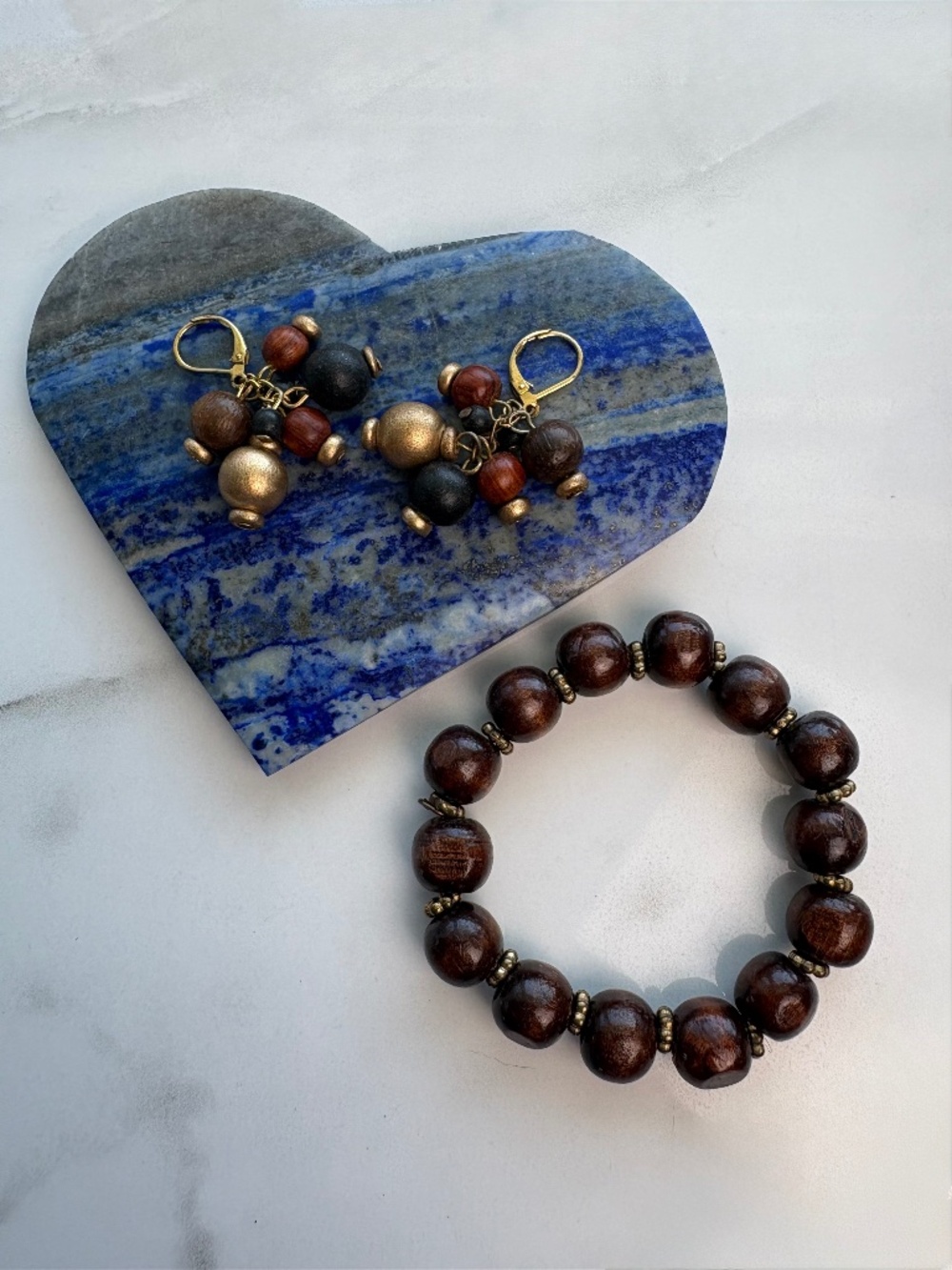Dark Brown Wooden Stretch Bracelet and Earrings Set Pre-Owned